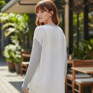 LOFT Gray & Off White Mixed Media Silky Knit Long Sleeve Relaxed Loose Fit Top